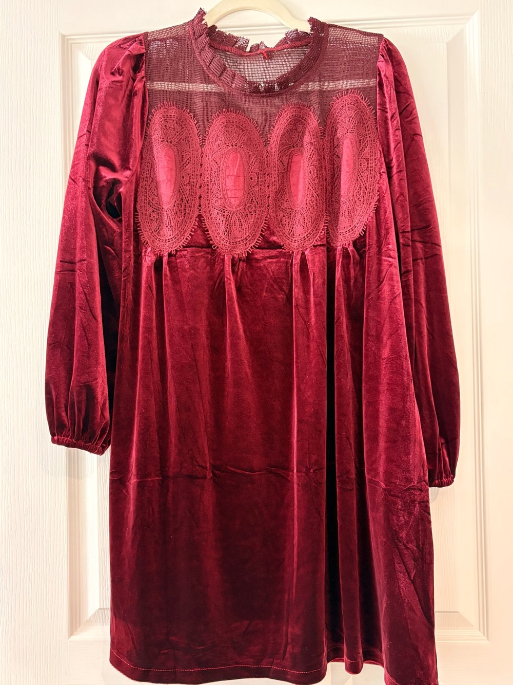 Anthropologie -Inspired Burgundy Velvet Dress with Lace Yoke NWOT
